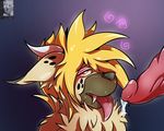  2015 animal_genitalia animal_penis anthro black_nose blonde_hair digital_media_(artwork) duo erection fluffy fur hair hair_over_eye half-closed_eyes hi_res horn hyena hypnosis luxuria male mammal mind_control multicolored_fur open_mouth penis precum rareel simple_background spiral_eyes teeth tongue tongue_out 