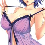  asakura_sakura babydoll bare_arms bare_shoulders blue_hair body_blush breasts cleavage collarbone frills head_out_of_frame large_breasts lips navel nipples original parted_lips pink_lips pulled_by_self purple_babydoll see-through shiny shiny_skin short_hair simple_background solo stomach strap_pull teasing underwear underwear_only upper_body white_background 