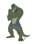  2019 alligator anthro biceps claws clothed clothing crocodile crocodilian digital_media_(artwork) fur furrybob hi_res male mammal muscular muscular_male reptile scalie shorts simple_background solo standing toes topless white_background 