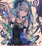  arm_behind_back armlet bad_hands bangs bare_shoulders blue_eyes blue_hair blunt_bangs collarbone cowboy_shot crystal detached_sleeves dress erin_(granblue_fantasy) eyebrows eyebrows_visible_through_hair flat_chest granblue_fantasy hair_ornament long_hair long_sleeves lplpsteven no_nose orange_background pointy_ears short_dress sleeveless sleeveless_dress solo standing thigh_gap 