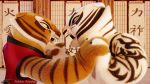  16:9 anthro cheek_tuft claws clothing dojo duo eye_contact felid female fur green_eyes hi_res interlocked_fingers kung_fu_panda male mammal master_tigress pantherine red_eyes rubber_(artist) strength striped_fur stripes tao tiger tigress_(disambiguation) training tuft yellow_sclera 