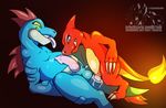  2015 absurd_res anal anal_penetration animal_genitalia animal_penis anus balls blue_eyes butt charmeleon claws cum cum_in_ass cum_inside digital_media_(artwork) digitigrade duo erection feral feraligatr fire hi_res knot larger_male licking licking_lips luxuria male male/male nintendo orange_skin orgasm penetration penis pok&eacute;mon precum purple_tongue reptile scalie semi-anthro sex sharp_teeth side_view simple_background size_difference smaller_male standing teeth toe_claws tongue tongue_out video_games 