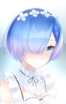  black_ribbon blue_eyes blue_hair close-up closed_mouth commentary_request face frilled_sleeves frills hair_ornament hair_over_one_eye looking_at_viewer maid maid_headdress re:zero_kara_hajimeru_isekai_seikatsu rem_(re:zero) ribbon ribbon_trim short_hair smile solo underbust x_hair_ornament yamaioni_(sasakama) 