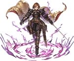  &gt;:( animal_print apollonia_vaar armor black_armor brown_hair cape closed_mouth frown full_armor full_body gauntlets granblue_fantasy gun hair_between_eyes headwear_removed helmet helmet_removed holding holding_sword holding_weapon holster leopard_print looking_at_viewer minaba_hideo official_art pauldrons sheath short_hair solo spikes sword transparent_background unsheathed v-shaped_eyebrows weapon white_eyes 