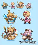  andira_(granblue_fantasy) animal_ears blonde_hair blue_dress blue_eyes breasts brown_eyes charlotta_fenia chibi copyright_name djeeta_(granblue_fantasy) draph dress erune fighter_(granblue_fantasy) gauntlets granblue_fantasy hair_ornament hair_over_one_eye hairband harvin horns large_breasts lowres monkey_ears monkey_tail multiple_girls narmaya_(granblue_fantasy) orange_eyes pink_dress pink_hair pink_hairband pixel_art pointy_ears shirosu simple_background tail 