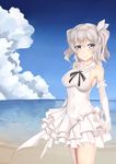  bare_shoulders beach black_bow black_neckwear blue_eyes blue_sky blush bow bowtie breasts cloud covered_navel covered_nipples day dress elbow_gloves frilled_dress frills gloves grey_hair hair_ribbon halterneck kantai_collection kashima_(kantai_collection) large_breasts looking_at_viewer ocean outdoors ribbon rure sky smile solo standing twintails white_dress white_gloves white_ribbon 