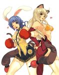  abs animal_ears armpits bikini_top blonde_hair blue_hair boxing_gloves breasts bunny_(trickster) bunny_ears bunny_tail cat_(trickster) cat_ears cat_tail detached_sleeves ear_piercing earrings headband heart imigimuru jewelry large_breasts locked_arms long_hair looking_back midriff multiple_girls muscle one_eye_closed open_mouth piercing purple_eyes red_eyes short_hair sideboob single_earring skirt swimsuit tail thighhighs trickster white_legwear zettai_ryouiki 