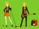  1girl amplifier bass_guitar be_mine!_(vocaloid) brother_and_sister fashion instrument kagamine_len kagamine_rin kuko microphone microphone_stand ribbon siblings twins vocaloid 