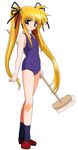  blonde_hair broom fate_testarossa full_body highres holding holding_broom long_hair lyrical_nanoha mahou_shoujo_lyrical_nanoha mahou_shoujo_lyrical_nanoha_a's okuda_yasuhiro one-piece_swimsuit purple_school_swimsuit red_eyes school_swimsuit solo standing swimsuit third-party_edit twintails very_long_hair 