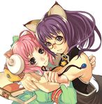  2girls ahoge animal_ears ayashi brown_eyes cat_ears fox_(trickster) fox_ears horns hug imigimuru meari multiple_girls nekomimi pink_hair purple_hair sheep_(trickster) short_hair smile trickster 