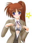  blush bra brown_hair lingerie long_sleeves lyrical_nanoha mahou_shoujo_lyrical_nanoha mahou_shoujo_lyrical_nanoha_a's mahou_shoujo_lyrical_nanoha_strikers open_clothes open_shirt ponytail purple_eyes shirt side_ponytail solo takamachi_nanoha underwear yamaguchi_ugou 