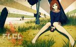  bag barefoot bird brown_eyes canti cat feet flcl grass highres miniskirt outdoors plaid plaid_skirt red_hair robot samejima_mamimi scan school_uniform short_hair sitting skirt sky takkun_(flcl) video_game wallpaper 