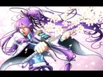  blue_eyes cherry_blossoms headphones kamui_gakupo katana kayu long_hair male_focus open_mouth petals ponytail purple_hair solo sword vocaloid weapon 