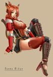  1girl animal_ears armor blue_eyes breasts cat_ears cat_tail catgirl cleavage ff11 ffxi final_fantasy final_fantasy_xi fingerless_gloves full_body game gloves high_heels mithra nanna_mihgo nekomimi red_hair redhead shoes short_hair simple_background solo tail tattoo thigh_highs thighhighs 