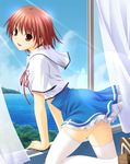  brown_eyes brown_hair duplicate earrings highres jewelry kono_aozora_ni_yakusoku_wo leaning_forward midriff nekonyan sawaki_rinna school_uniform short_hair skirt smile solo thighhighs water white_legwear window zettai_ryouiki 