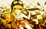  as109 bad_id bad_pixiv_id bakemonogatari bare_shoulders blonde_hair checkered checkered_floor dress feathers flat_chest goggles helmet highres katana kokorowatari long_hair looking_at_viewer monogatari_(series) oshino_shinobu over_shoulder perspective petite sitting solo strap_slip sword very_long_hair wallpaper weapon weapon_over_shoulder yellow_eyes 