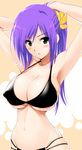  adjusting_hair armpits arms_up bikini black_bikini blush breasts covered_nipples faris_scherwiz final_fantasy final_fantasy_v green_eyes hima huge_breasts narrow_waist purple_hair skindentation solo swimsuit underboob 