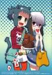  animal_ears cat_ears dog_ears dress fang glasses green_eyes green_hair highres inumimi nekomimi purple_hair red_eyes ryusuke_hamamoto shorts stockings thighhighs white_hair 