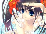  888 black_hair blue_eyes flower frills hibiscus lace ocean original ribbon solo twintails 