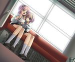  black_footwear blue_eyes dutch_angle green_eyes ground_vehicle hair_ornament handheld_game_console loafers long_sleeves multiple_girls nintendo_ds original pink_hair piyodera_mucha shoes sitting train_interior white_legwear 