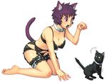  animal animal_ears barefoot bell bell_collar black_bra black_panties blush bow bow_bra bra breasts cat cat_ears cleavage collar copyright_request feet frilled_panties frills garter_belt garters jingle_bell kneeling large_breasts lingerie maruta_kentarou panties paw_pose purple_hair red_eyes short_hair solo tail underwear underwear_only yellow_eyes 