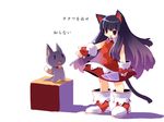  1girl :3 animal_ears black_hair blush blushing bow cat cat_ears dress knife long_hair nekomimi purple_hair red_eyes zakuro zankuro 