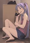  bare_legs barefoot breasts corded_phone feet go_robots hair_ribbon hiiragi_kagami legs lucky_star open_mouth phone purple_eyes purple_hair ribbon sitting skirt small_breasts solo talking_on_phone tank_top twintails 