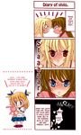  4koma blonde_hair blue_eyes blush blushing brown_hair comic diary_of_vivio dress fate fate_testarossa green_eyes long_hair lyrical_nanoha mahou_shoujo_lyrical_nanoha nanoha nanoha_takamachi odd_eyes red_eyes takamachi_nanoha vivio yuri 