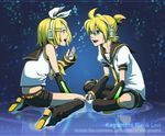  1girl belt blonde_hair blue_eyes brother_and_sister hair_ornament hair_ribbon hairclip headphones kagamine_len kagamine_rin kneeling momopanda musical_note necktie open_mouth ponytail ribbon short_hair shorts siblings twins vocaloid 