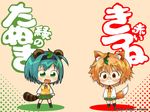  animal_ears chibi food fox_ears fox_tail long_sleeves multiple_girls noodles parody raccoon_ears raccoon_tail raina soba tail to_heart_2 translated wallpaper yamada_michiru yoshioka_chie 