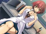 breasts chair choker cleavage closed_labcoat crossed_legs desk dutch_angle eien_no_aselia eternity_sword_series finger_to_mouth game_cg jatzieta labcoat large_breasts masaharu pen red_hair seinarukana short_hair sitting solo spirit yellow_eyes 