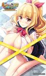  blonde_hair blush breasts breasts_outside censored curly_hair frills hair_ornament hands_on_breasts honoo_no_haramase_oppai_ero_appli_gakuen huge_breasts kisaragi_kyouko looking_at_viewer ribbons school_uniform squeez wariza wet yellow_eyes yuibi 