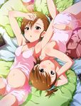  alarm_clock alternate_costume armpits bad_id bad_twitter_id bangs blush breasts brown_eyes brown_hair camisole cleavage clock collarbone frilled_pillow frills futami_ami futami_mami garana hair_ornament hair_scrunchie hand_on_own_forehead idolmaster idolmaster_(classic) long_hair looking_at_viewer lying midriff multiple_girls navel on_back on_side open_mouth pillow scrunchie short_hair shorts siblings side_ponytail sisters small_breasts tablet twins 