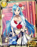  asuna_(sao) asuna_(sao-alo) blue_eyes blue_hair bow breasts card_(medium) cleavage collarbone day flower hair_flower hair_ornament jewelry long_hair looking_at_viewer medium_breasts necklace official_art outdoors pointy_ears red_flower solo star sword_art_online sword_art_online:_code_register torii 