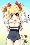  blonde_hair blush breasts bursting_breasts cleavage gradient_background hair_ornament honoo_no_haramase_oppai_ero_appli_gakuen kisaragi_kyouko large_breasts school_swimsuit squeez translation_request wardrobe_malfunction yellow_eyes yuibi 