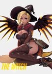  alternate_costume ass black_shorts blonde_hair blue_eyes book breasts brown_footwear brown_legwear cape cleavage earrings elbow_gloves english food_themed_earrings gloves glowing glowing_wings halloween halloween_costume hat high_heels highres jack-o'-lantern jack-o'-lantern_earrings jewelry looking_at_viewer mechanical_wings medium_breasts mercy_(overwatch) overwatch parted_lips red_cape shoes short_shorts short_sleeves shorts sitting solo thighhighs waist_cape wings witch witch_hat witch_mercy yamaneko_(tkdrumsco) yokozuwari 