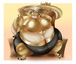  anthro aziza belly big_belly big_breasts biglovealicia breasts chair clothed clothing deity dinosaur egyptian female hi_res jewelry markings midriff obese overweight ring sitting slit_pupils solo spinosaurus theropod throne toe_ring wide_hips yellow_eyes 