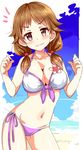  :3 bare_arms bare_shoulders beach bikini blue_sky blush breasts brown_hair cleavage clenched_hands closed_mouth cloud collarbone day eyebrows eyebrows_visible_through_hair front-tie_top hands_up highres idolmaster idolmaster_cinderella_girls katagiri_sanae large_breasts leaning_to_the_side long_hair looking_at_viewer low_twintails natsu_(anta_tte_hitoha) navel ocean outdoors purple_eyes sand side-tie_bikini sky smile solo standing stomach swimsuit twintails v-shaped_eyebrows water 