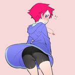  1girl ass bike_shorts blush cowboy_shot dress dress_lift earrings embarrassed from_behind from_below hizuki_akira hood hooded_dress jewelry kumatora long_sleeves looking_at_viewer looking_back mother_(game) mother_3 necklace pink_background pink_hair purple_eyes short_eyebrows short_hair simple_background solo stud_earrings very_short_hair 