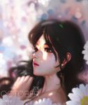  2016 bare_shoulders black_hair brown_eyes flower liang_xing lips long_hair looking_to_the_side nose portrait shadow solo sunlight 