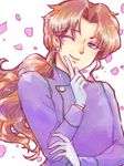  bangs bishoujo_senshi_sailor_moon brown_hair earrings gloves jewelry long_hair low_ponytail male_focus one_eye_closed parted_bangs petals ponytail rose_petals smile solo stud_earrings very_long_hair white_background white_gloves yoshida_owt zoisite_(sailor_moon) 