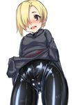  :d ass_visible_through_thighs ayuayu_(shouyu_no_sato) black_bodysuit blonde_hair blush bodysuit cameltoe commentary_request covered_navel cowboy_shot earrings from_below grey_hoodie hair_over_one_eye highres hood hood_down hoodie hoodie_lift idolmaster idolmaster_cinderella_girls jewelry latex lifted_by_self long_sleeves looking_at_viewer looking_down nose_blush open_mouth red_eyes shiny shiny_clothes shirasaka_koume short_hair skin_tight sleeves_past_wrists smile solo standing tareme 