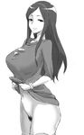  breasts go-m greyscale hairband highres huge_breasts long_hair looking_at_viewer monochrome nishizono_ririka no_panties occultic;nine pubic_hair simple_background smile solo thighhighs white_background 