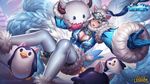  ahri animal_ears bird blue_eyes blue_gloves blush breasts citemer cleavage cleavage_cutout fox_ears fox_girl fox_tail fur gloves large_breasts league_of_legends looking_to_the_side penguin poro_(league_of_legends) tail white_hair 