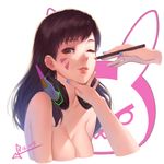  2016 applying_makeup blue_nails breasts brown_eyes brown_hair bunny_background cleavage collarbone d.va_(overwatch) dated eye_crayon facepaint hand_on_another's_chin hands headphones headphones_around_neck holding light_smile long_hair looking_at_viewer medium_breasts nail_polish nude one_eye_closed out-of-frame_censoring overwatch red_lips signature simple_background solo_focus squidsmith upper_body whisker_markings white_background 