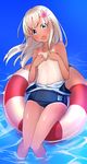  :o blonde_hair blue_eyes blush collarbone comah covering covering_breasts flat_chest flower hair_between_eyes hair_flower hair_ornament hibiscus kantai_collection lifebuoy long_hair looking_at_viewer navel one-piece_swimsuit one-piece_tan open_mouth ro-500_(kantai_collection) school_swimsuit solo swimsuit swimsuit_pull tan tanline tongue topless 