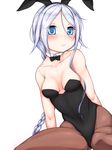  animal_ears arm_support blue_eyes bow bowtie braid breasts bunny_ears bunnysuit detached_collar fishnet_pantyhose fishnets haty kantai_collection long_hair pantyhose silver_hair single_braid sitting small_breasts solo umikaze_(kantai_collection) very_long_hair white_hair 