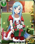  asuna_(sao) asuna_(sao-alo) blue_eyes blue_hair boots box card_(medium) christmas_tree collarbone couch dress gift gift_box holding holding_box indoors long_hair looking_at_viewer official_art open_mouth pointy_ears red_dress red_legwear santa_boots santa_costume sitting solo star sword_art_online sword_art_online:_code_register thigh_boots thighhighs very_long_hair white_footwear wrist_cuffs 