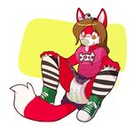  anthro canine clothing cub diaper female fox fur grey_nose kalida knee_socks legwear looking_down mammal red_fur simple_background skirt socks teenager wet wet_diaper yellow_eyes young 