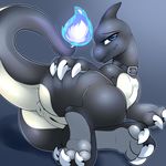  2015 alternate_color anthro anus blue_eyes butt camychan charmeleon claws female fire hi_res looking_at_viewer lying nintendo on_side pok&eacute;mon presenting pussy solo toe_claws video_games 